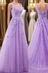 A Line V Neck Purple Lace Semi Formal Prom Dresses, Purple Lace Long Formal Bridesmaid Dresses